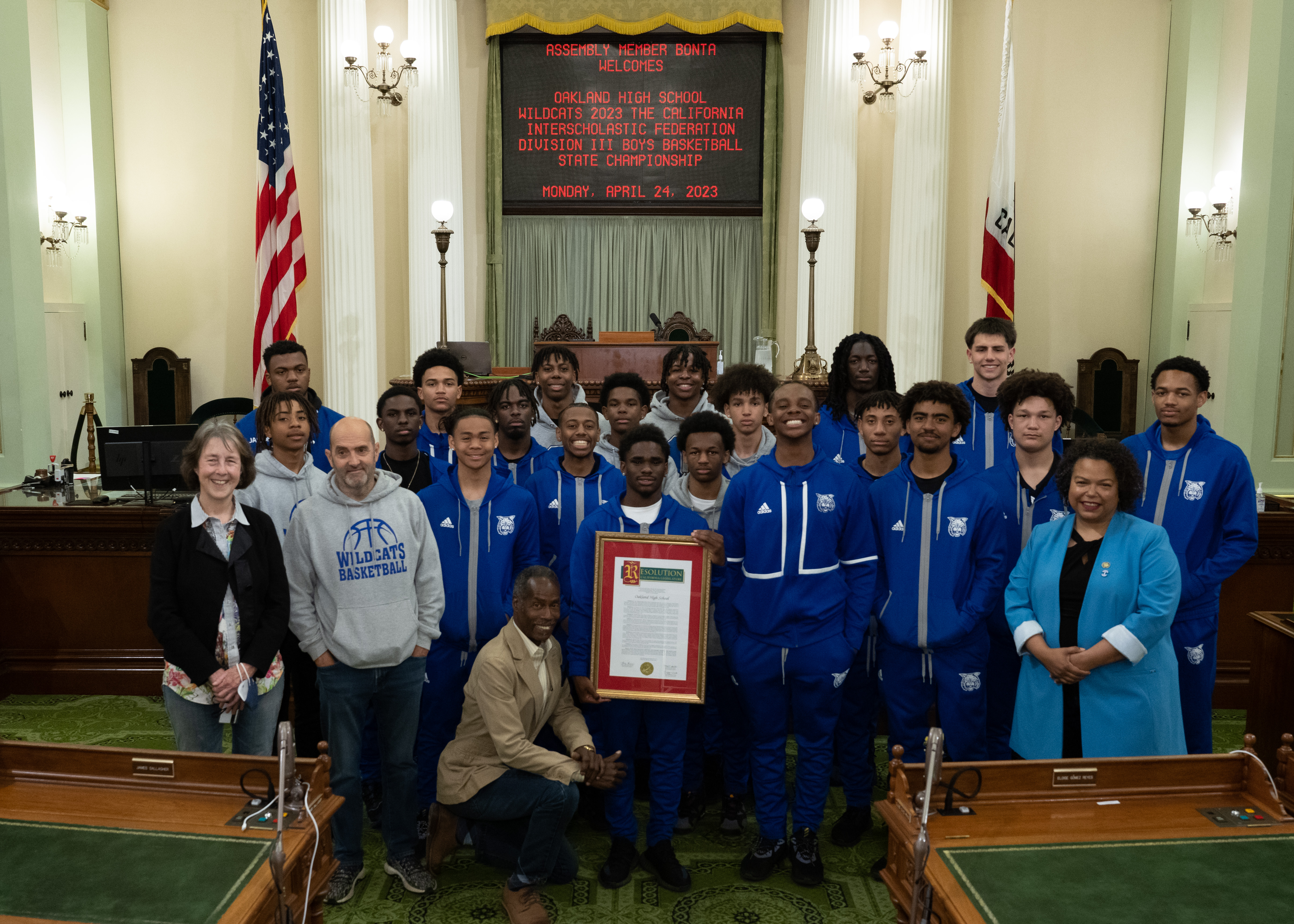 Assemblymember Bonta and Senator Skinner on the Assembly Floor with the Oakland High School Basketball Team